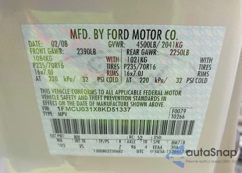 2008 Ford Escape Xlt из США, поврежденный, VIN 1FMCU031X8KD51337